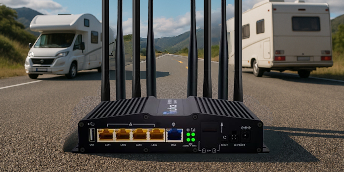 an RV Wi-Fi Router on the road with RVs in the background.