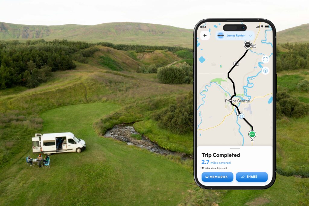 GPS map beside an RV in a green landscape.