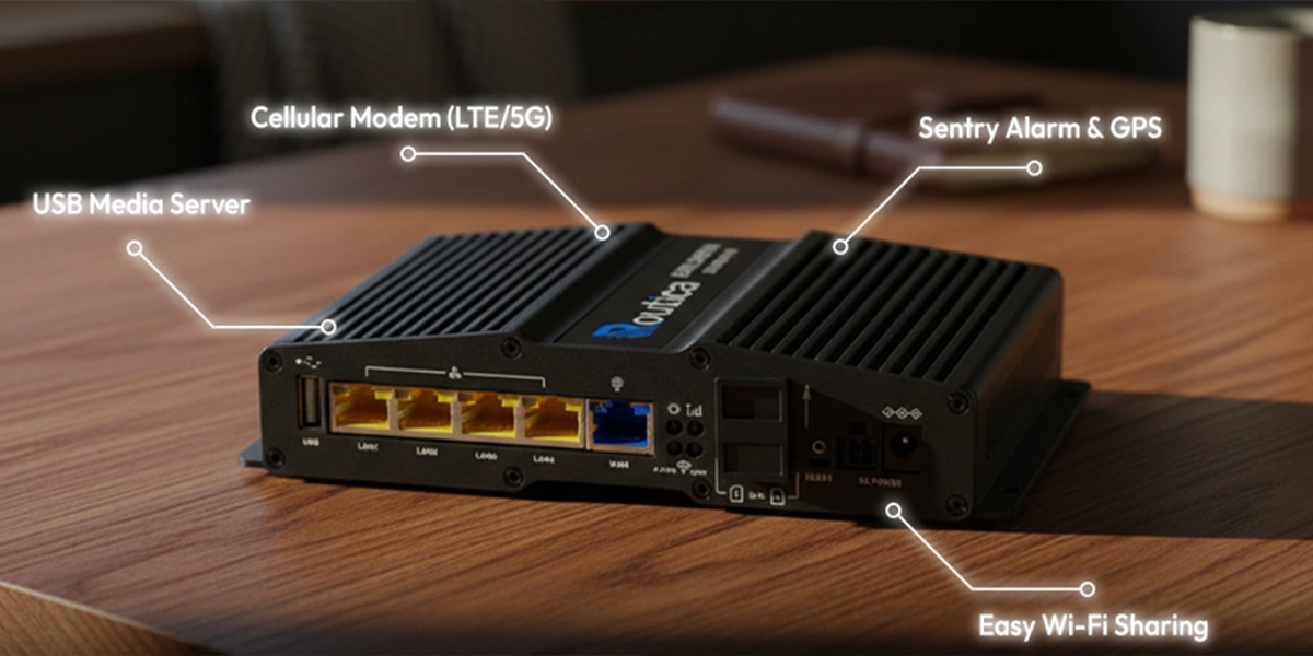 Key features of the Routica Explorer gateway, including a media server and GPS for a complete RV internet setup.