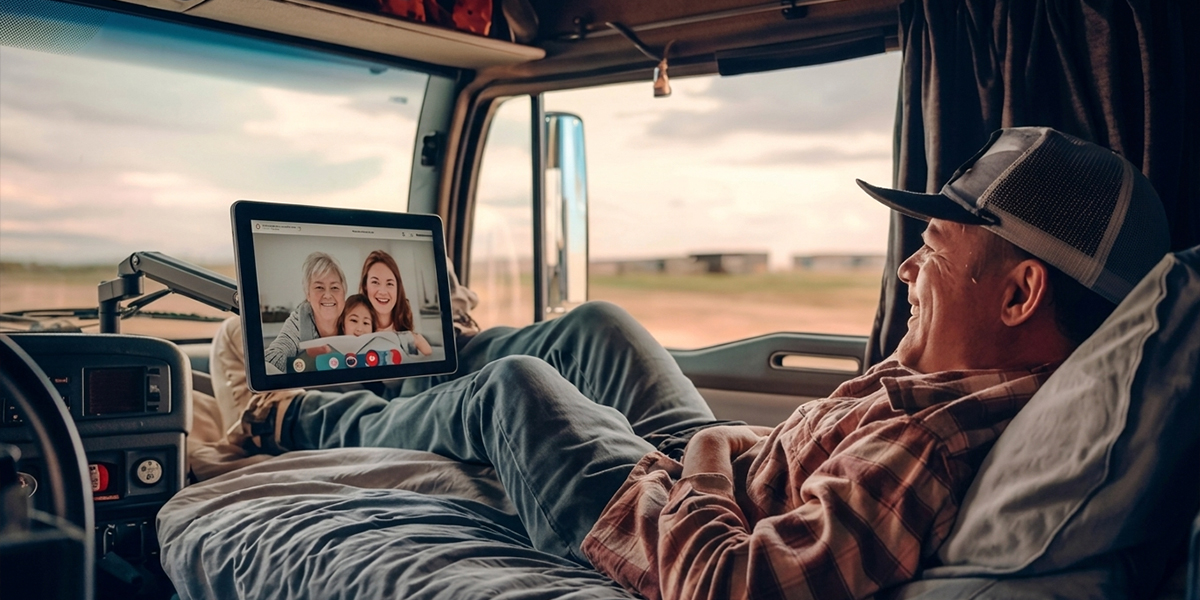 A family inside an RV enjoying media streamed from a USB media server on their router.