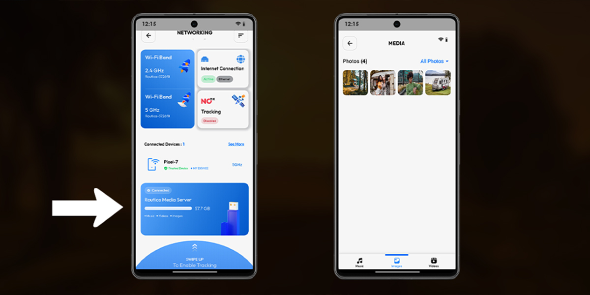 A USB drive plugged into a Routica Explorer router serving media to multiple devices in an RV.