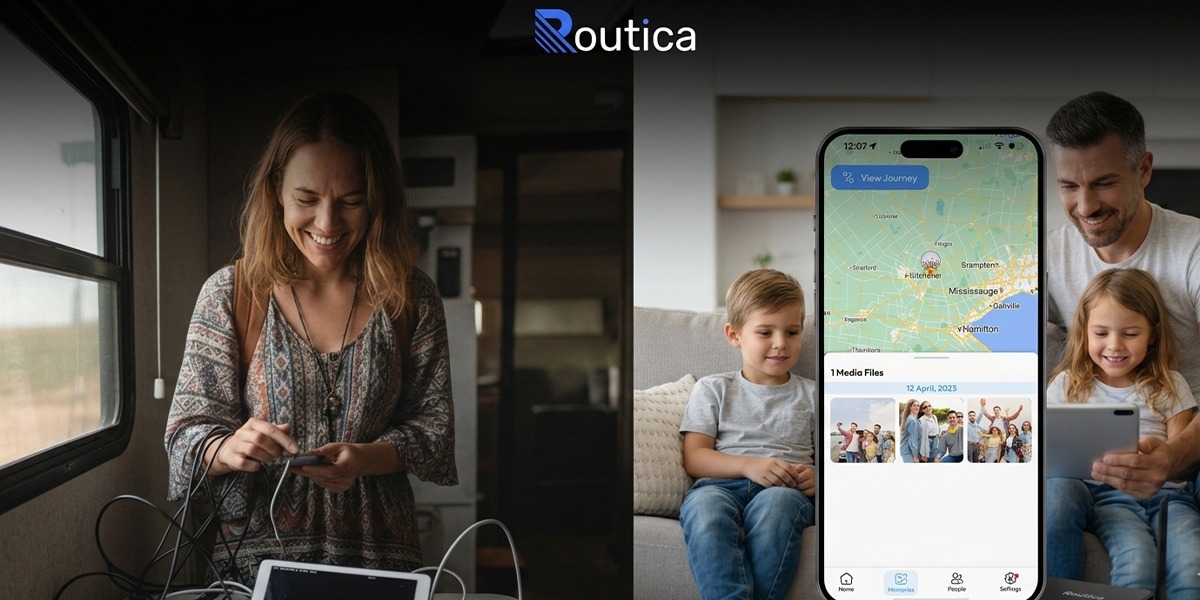 A remote worker checking RV GPS tracking and Sentry alerts on the Routica mobile app while at a cafe.