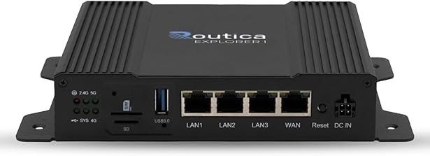 Routica Explorer I cellular router for RV use showing its LTE connectivity and compact design.