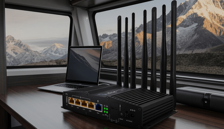 An RV cellular router creating a private RV Wi-Fi network for all onboard devices.