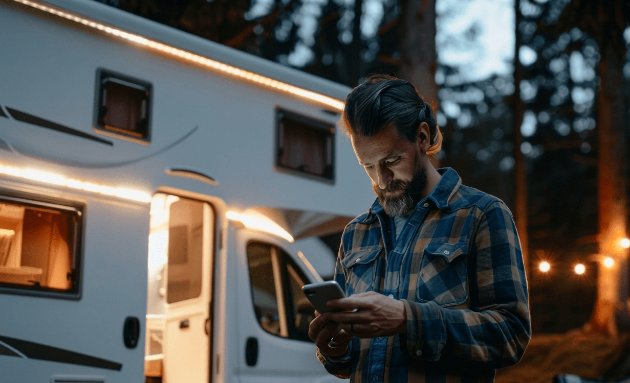 An RV router managing multiple internet sources including cellular, campground Wi-Fi, and Starlink.