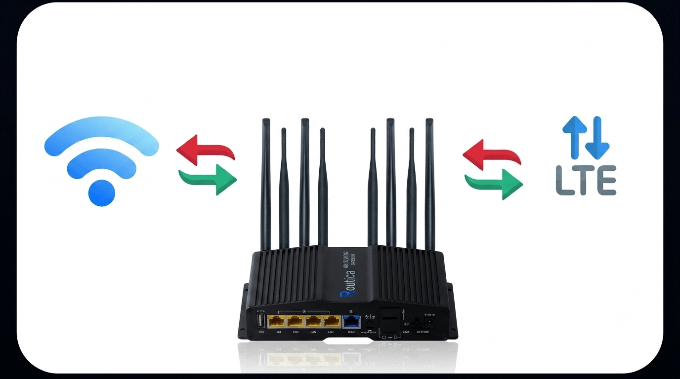Automatic WAN failover switching between cellular, Ethernet, and Wi-Fi as WAN internet sources in an RV internet setup.