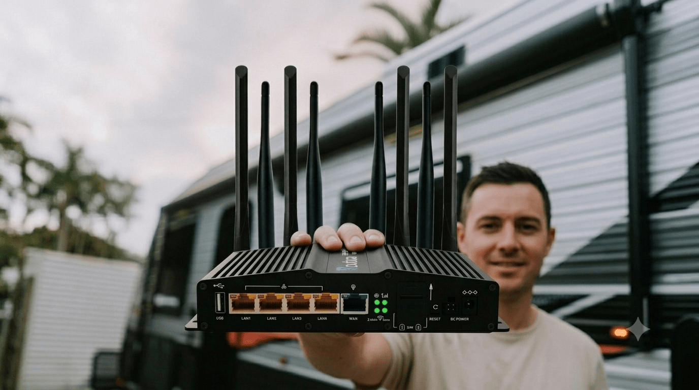 Routica Explorer router features including Wi-Fi sharing, trip sharing, and USB media server for RV travel.