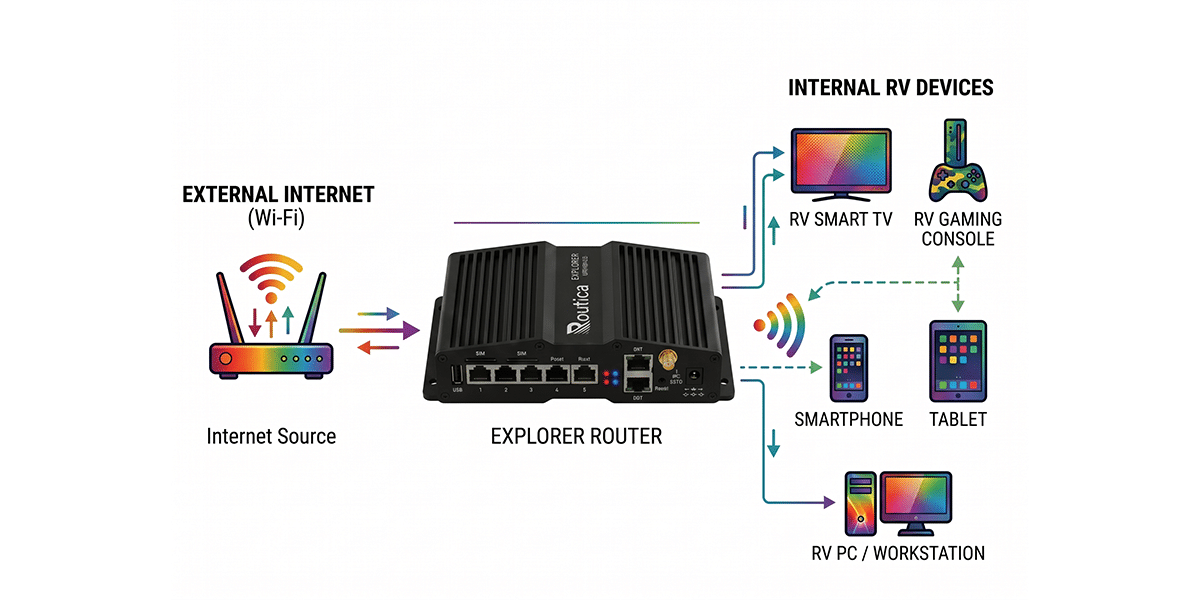 Diagram of the Routica Explorer router taking an external Wi-Fi internet source and sharing it with RV devices: smart TV, gaming console, smartphone, tablet and PC